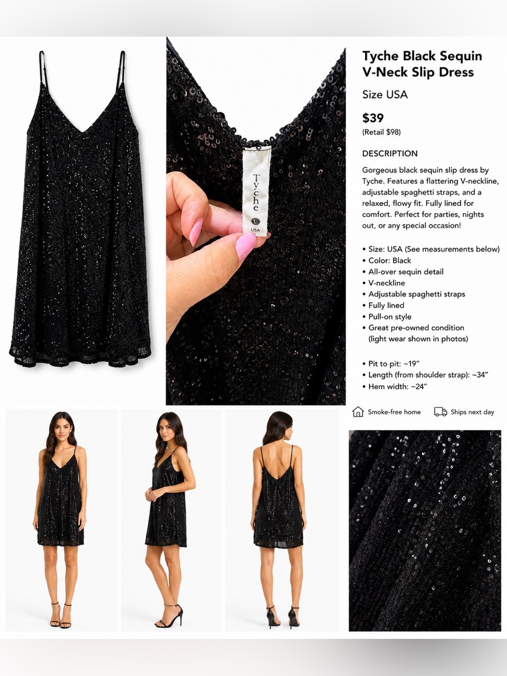 Tyche Black Sequin V-Neck Slip